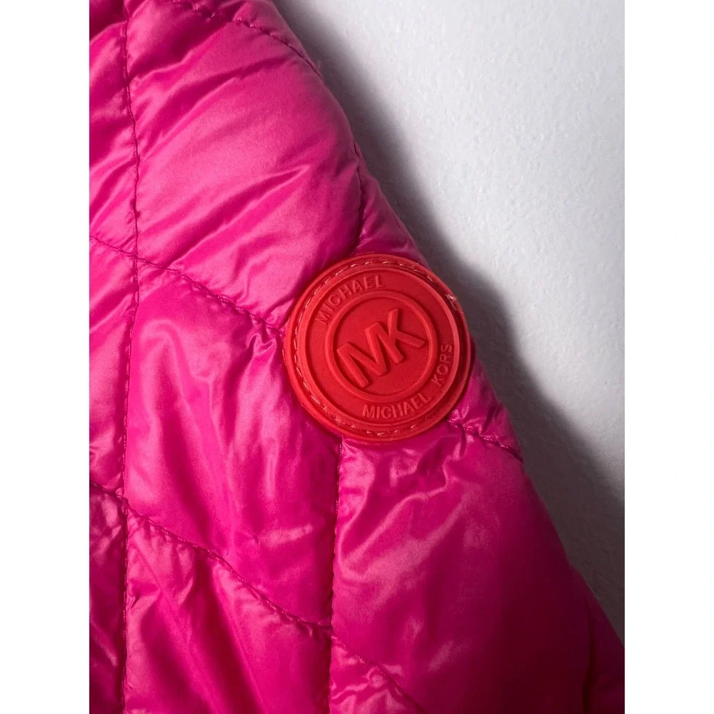 Michael Kors Quilted Puffer Jacket Kids Sz 5/6 Pink Hooded Ruffle Hem